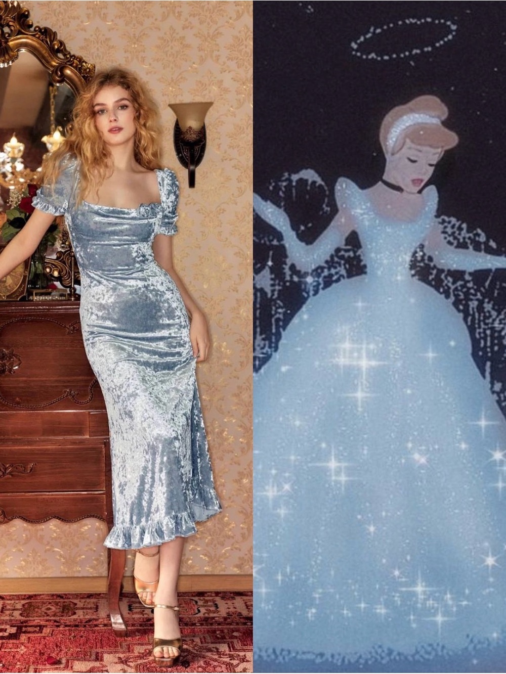 Sparkling Light Blue Velvet Midi Dress with Puff Sleeves